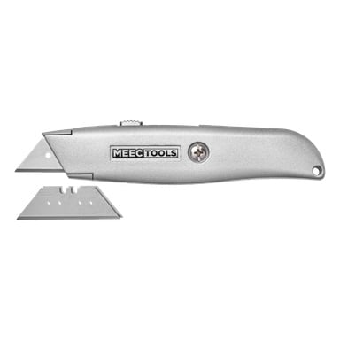 Esillä on hopeinen Meec Tools Universal -veitsi, jossa on kiinteä terä, ja sen alla on erillinen korvaava terä. Veitsessä on näkyvä ruuvi ja sen sivulla on Meec Tools -logo.
