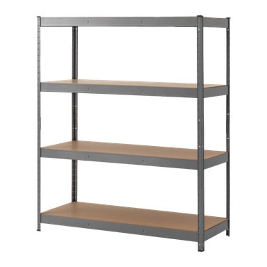 Hard Head Storage Rack består av fyra ljusbruna trähyllor som stöds av en hållbar grå metallram. Lämplig för att organisera föremål i garage, källare eller lager för effektiv förvaring.