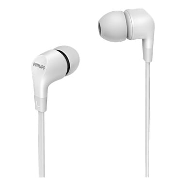 Vita Philips E1105 in-ear hörlurar visas, med silikonproppar på båda hörlurarna och ett "L"-märke på den vänstra.