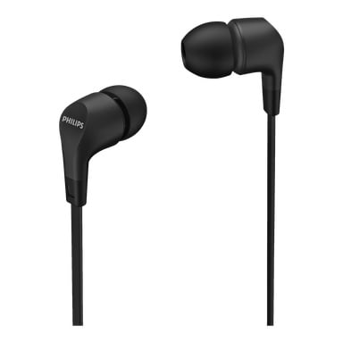 Ett par svarta Philips E1105 in-ear hörlurar med silikonöronproppar visas, med PHILIPS-logotypen synlig på en av hörlurarna.