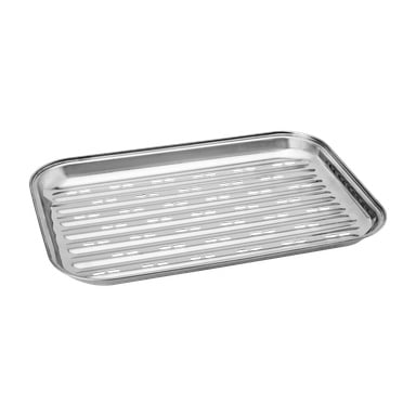 En Burns & Barkles BBQ Grill-bricka tillverkad av rostfritt stål, utrustad med ett avtagbart galler med slitsar som är utformat för att fett eller saft ska rinna bort från köttet under grillningen.