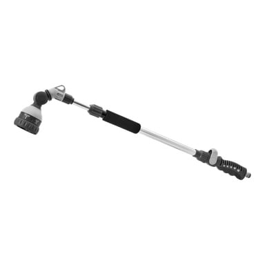 En hård vattenspridarstång med justerbart sprayhuvud, ergonomiskt handtag och svart skumgrepp.