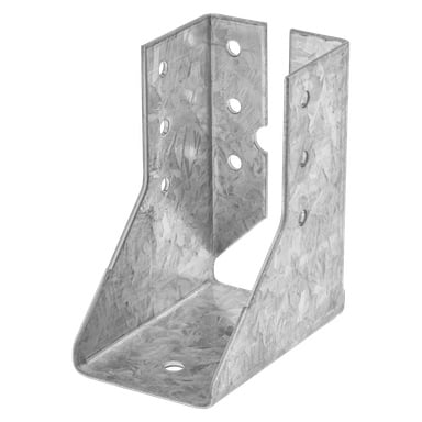 En galvanisert metall Hard Head Beam-sko, brukt til å koble sammen og støtte trebjelker eller bjelker i konstruksjon, med flere hull langs overflaten for å romme skruer eller spiker.