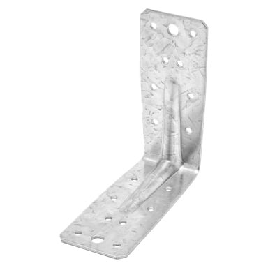 En galvanisert stålvinkelbrakett, kjent som Hard Head Angle Bracket, har flere forhåndsborede skruehull og er ment å forbinde to flater sikkert i rett vinkel for konstruksjon eller trearbeid.