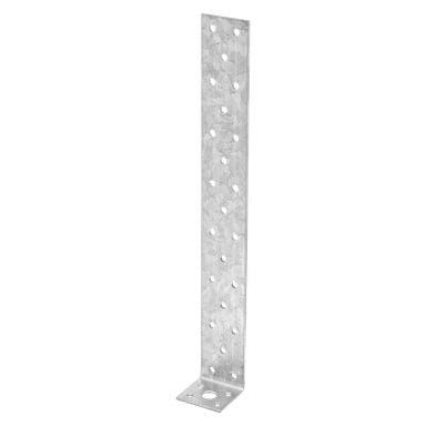 En galvanisert L-formet metallbrakett fra Hard Head med flere runde hull fordelt langs begge armer, beregnet for å forsterke konstruksjoner i snekring eller byggearbeid.