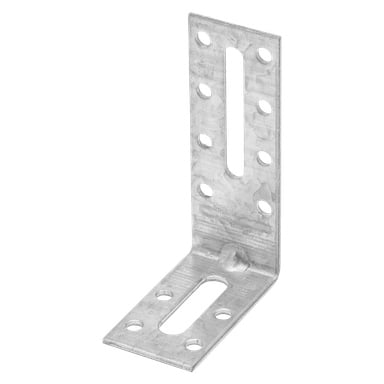 Hard Head Justerbar vinkelbrakett er en L-formet metallbrakett med flere runde hull og en lang spor på hver arm, egnet for montering eller konstruksjon.