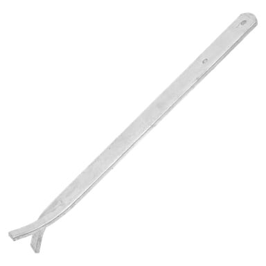 En sølvfarget metallterminalbrakett fra Hard Head med en flat, vinklet ende på den ene siden og en glatt, buet og avsmalnende ende på den andre. Brukes ofte til å lirke eller skrape i birøkt.