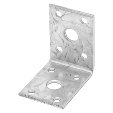 En metall L-formet vinkelbrakett med flere runde hull i ulike størrelser på hver side, ment for å forbinde to flater i rett vinkel. Braketten har en børstet eller råmetallfinish.