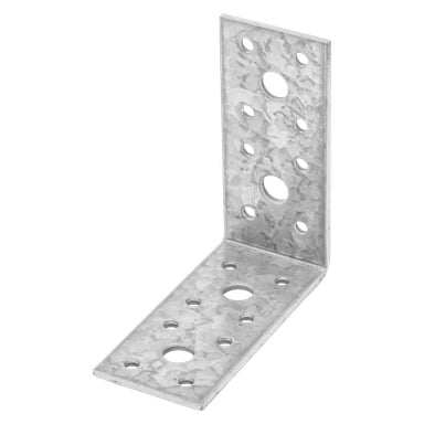 En metall L-formet brakett, kjent som Hard Head Angle-braketten, har flere hull i forskjellige størrelser på hver side, ment for å forsterke eller forbinde komponenter i en rett vinkel.