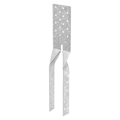 Et metall Hard Head Fork Anchor med en flat, perforert toppplate og to vinklede, sporede armer designet for å koble sammen tre- eller konstruksjonskomponenter i byggeprosjekter.