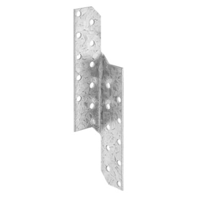 En galvanisert metall Hard Head Ridge-brakett med flere hull og en tydelig skrå bøy, konstruert for solid støtte i byggeoppgaver som rammeverk eller sammenkobling av trebiter.
