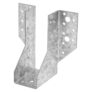 En galvanisert stål Hard Head Beam Shoe bjelkeopphenger med flere runde hull på hver side, designet for å feste en trebjelke eller bjelke til en annen konstruksjon. Den har en teksturert overflate og en vinklet form for å maksimere bæreevnen.