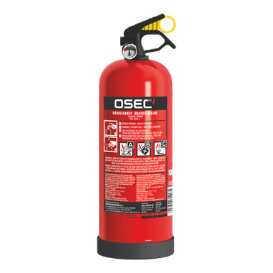 En röd OSEC Powder brandsläckare visar en tryckmätare och en gul säkerhetsnål. Framsidan visar instruktioner och varningar. Den är avsedd för användning vid brandar av klass A, B och C.