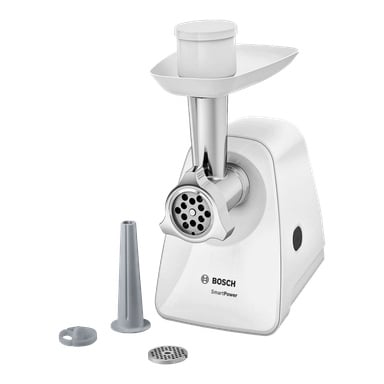 Ein Bosch Home Meat Mincer MFW2510W in Weiß und Silber wird zusammen mit seinen Aufsätzen präsentiert: einem Wursttrichter, einer zusätzlichen Mahlplatte und einem runden Kunststoffstück.