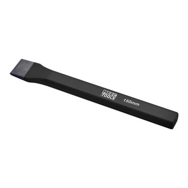 Pokazano 150mm czarne metalowe dłuto na zimno od Meec Tools z solidnym prostokątnym trzonem i płaskim, fazowanym cięciem na prostym, lekkim tle.