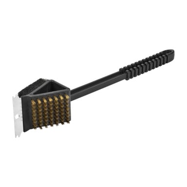 Musta Burns & Barkles BBQ Grill Brush, jossa on tukevat messinkiset harjakset, sisäänrakennettu metalliraavistus toisessa päässä ja teksturoitu kahva paremman pidon takaamiseksi. Harjasten vieressä on kiinnitetty puhdistusalusta, joka parantaa puhdistusta.