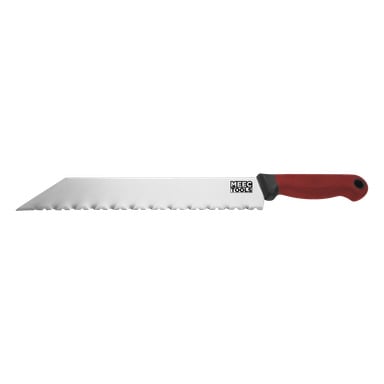 Ein Mineralwollemesser von Meec Tools mit einer breiten, gezackten Edelstahlklinge und einem Griff in Rot und Schwarz.