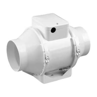 Anslut ventilationsfläkt med en slät vit cylindrisk kropp, inline-luftinlopp och utloppsöppningar, en rektangulär elbox monterad ovanpå och två låsklämmor som håller mittsektionen säkert på plats.