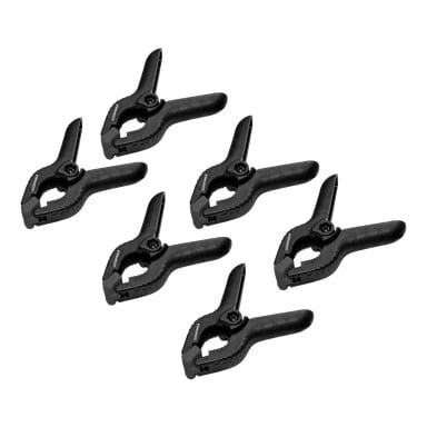 Seks matchende limklemmer fra Meec Tools fra en 6-pakning vises i to rader. Hver svart klemme har teksturerte håndtak og svingbare kjeveputer for et fast grep. Ingen ekstra gjenstander eller elementer er til stede.