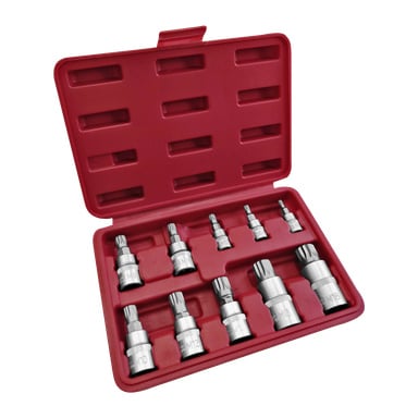 Czerwone plastikowe pudełko Meec Tools prezentuje dziesięć metalowych gniazd XZN w różnych rozmiarach, starannie ułożonych w dwóch rzędach w wyznaczonych slotach. Otwarta obudowa zapewnia dobrze zorganizowany widok zestawu nasadek, co ułatwia wybór i przechowywanie.