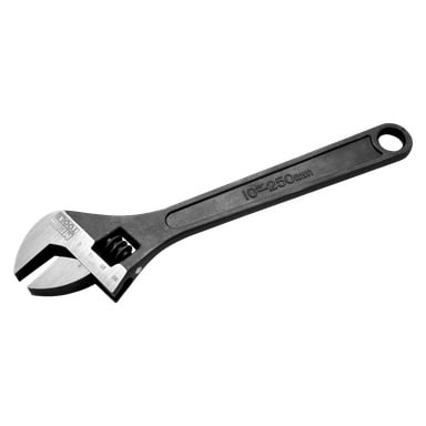 Musta Meec Tools -säädettävä jakoavain, jossa on metallinen leuka, kahvan merkinnät "10" ja "250mm" sekä reikä pohjassa helppoon ripustamiseen tai säilytykseen.