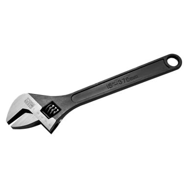 Meec Tools Adjustable Antner on musta, 15 tuuman (375 mm) työkalu, jonka leuassa on mittausmerkintöjä ja kahvan päässä reikä kätevää ripustamista tai säilytystä varten.