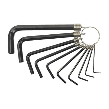 Meec Tools Hex -avainsarja sisältää 10 mustaa kuusikulmaavainta eri kokoisina, kaikki aseteltu metalliselle avaimenperälle ja levitetty esillepanoa varten.
