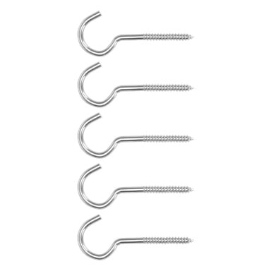 Ett paket med fem identiska Hard Head-skruvkrokar visade upp i en enda vertikal rad. Varje silverfärgad metallkrok har en gängad skruv och en öppen böjd krok på motsatt sida, med alla krokar orienterade på samma sätt.