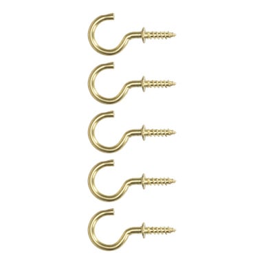 Fem identiska Hard Head skruvkrokar från ett 5-pack är uppradade i en vertikal rad, var och en med sin öppna ände vänd åt vänster.