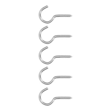 Fem silverfärgade skruvkrokar från Hard Head Screw 5-packet är uppradade vertikalt i en enda kolumn, alla med öppna ändar pekande åt vänster.