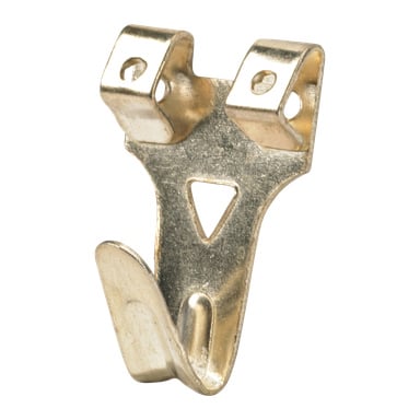 Ett paket med fem Hard Head metallkrokar, var och en med två skruvhål upptill, en böjd krok längst ner och en central triangulär utskärning.