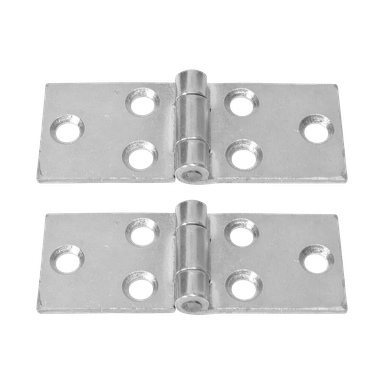 Två identiska Hard Head Jointed gångjärns-2-pack, tillverkade av silvermetall med fyra skruvhål på varje sida, är placerade horisontellt och parallellt med varandra.