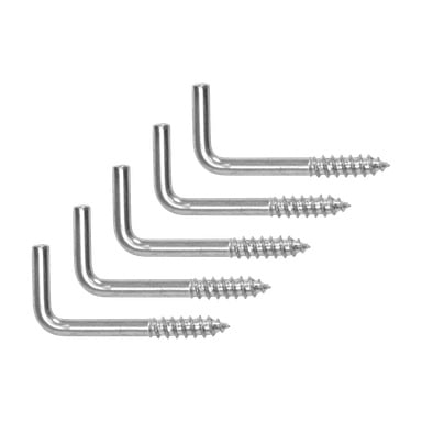 Ett set med fem matchande Hard Head Angle-krokar är uppradade i en rad, där varje krok visar en rät vinkel och en gängad spets, alla jämnt fördelade med sina gängade ändar vända åt höger.