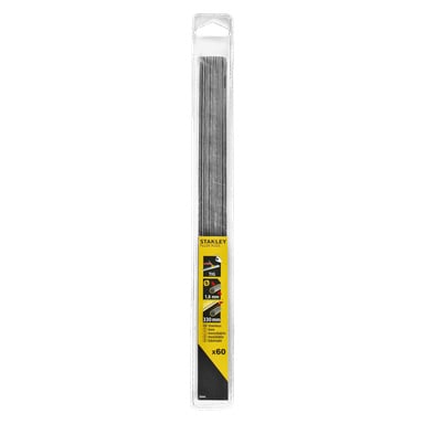 En høy, klar plastpakke inneholder 60 Stanley TIG-sveisestenger, hver stang er 1,6 mm tykk og 330 mm lang. Pakken har en gul og svart etikett med produktnavn og ikoner som viser mål og tiltenkt bruk.