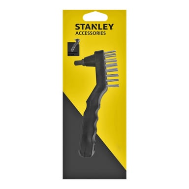 En Stanley hakkehammer/børste med metallbørster vises i gul og svart emballasje merket "Stanley Accessories." Emballasjen inkluderer en liten illustrasjon som viser børsten som brukes.