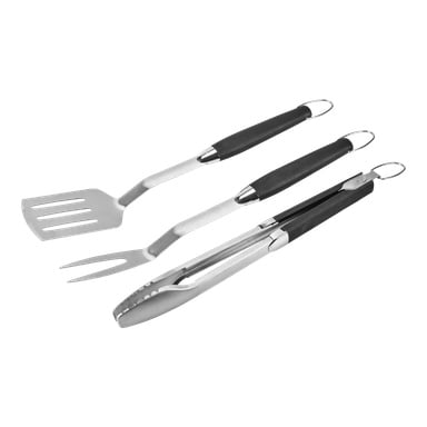 Burns & Barkles Barbecue Utensils tredelade set inkluderar en stekspade, gaffel och tång av rostfritt stål med moderna svarta handtag, arrangerade sida vid sida.