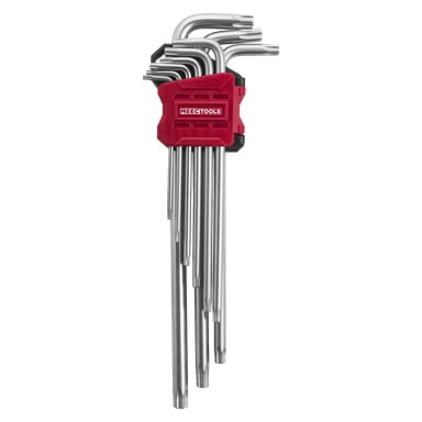 Yhdeksän hopeista Meec Tools Torx -jakoavainta, joissa on L-muotoiset päät, järjestetty koon mukaan punamustaan muovipidikkeeseen, jossa lukee "Meec Tools".