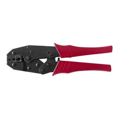 Hamron Crimping Tang med svarte metallkjever, hver merket med sporetiketter, og røde plasthåndtak, designet for bruk med elektriske eller nettverkskabelkontakter.