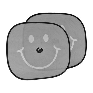 Ein Paar graue Netz-Sonnenschutz-Autos mit schwarzem Rand von Hamron, beschriftet Sunshade Smile 2-Pack. Beide Sonnenschirme zeigen ein markantes, weißes, lächelndes Gesicht in der Mitte, darunter zwei Augen, eine Nase und einen gebogenen Mund.