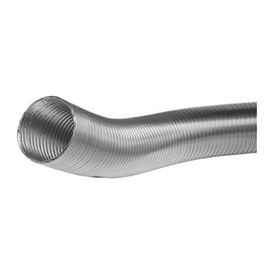 En detaljerad titt på Anslut Ventilation-slangen framhäver dess flexibilitet och korrugerade metalldesign, där slangen böjs för att visa dess form. Ytan har en reflekterande metallisk glans och framträdande åsar längs dess längd.