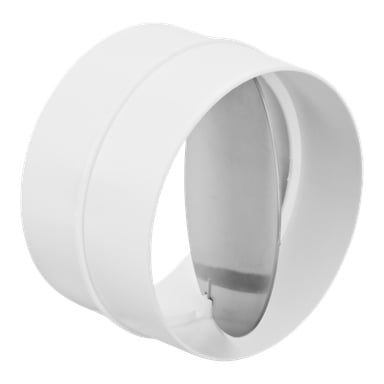 Anslut Connector, en vit plastventilationskanal med en intern metall backdraft-spjäll, uppvisad i en vinkel.