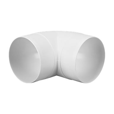 Anslut Elbow för ventilationskanaler med en slank vit plastyta och 90-graders böjning, designad för att koppla ihop två delar ventilationskanaler.