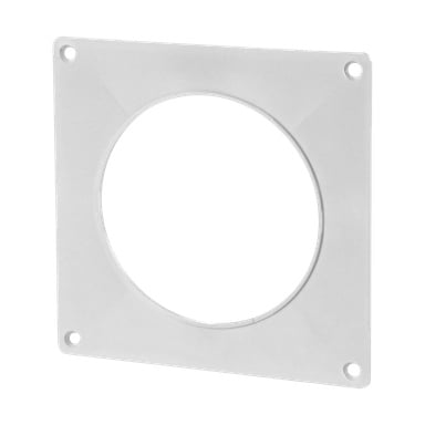 Anslut Lock plate: en fyrkantig vit plastpanel med en stor rund öppning i mitten och fyra skruvhål, ett i varje hörn, som visas upprätt.