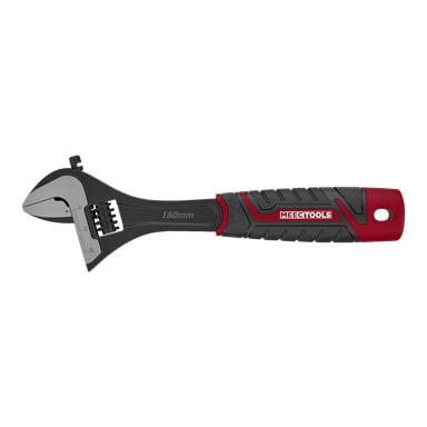 150 mm säädettävä avain Meec Toolsilta, musta-punainen, kumioteella, metallisella leukaluudella, jossa on mitat, ja reikä kahvan kärjessä.
