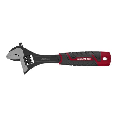 200 mm Meec Toolsin säädettävä jakoavain, jossa on musta ja punainen kahva, leuassa mittavaaka ja kahvan päässä oleva reikä
