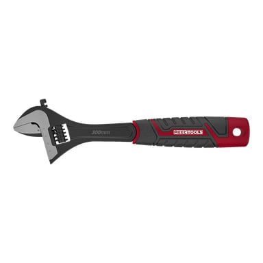300 mm Meec Tools -säädettävä avain, jossa on musta ja punainen kahva, jossa on metallisäätömekanismi, leuassa mittavaaka, liukumaton kahva ja reikä kahvan päässä.