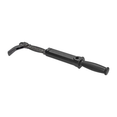 En metall Meec Tools spikutdragare/slidehammare med svart handtag och en justerbar, gångjärnsförsedd klämma i ena änden som används för grepp eller vridning. Klämman kopplas till en rektangulär axel som har ett hål placerat nära handtaget.
