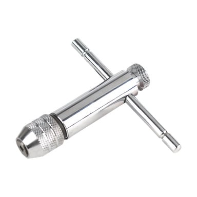 En Meec Tools tapphållare av metall, designad som en T-handtagstappnyckel med två sidohandtag och en cylinderformad huvudkropp. Den inkluderar en texturerad, justerbar chuck för att greppa kranar eller andra små verktyg säkert under användning.