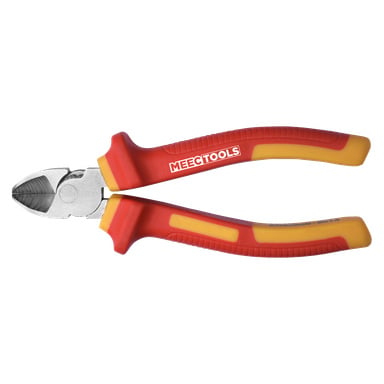 Eine rot-gelbe Seitenschneiderzange mit der Aufschrift MEEC TOOLS vor weißem Hintergrund.