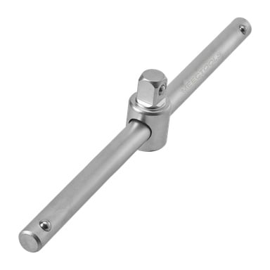 Et metall T-håndtak fra Meec Tools, designet med en roterende firkantet driv i midten og et hull i hver ende. Merkenavnet Meec Tools er gravert langs siden.